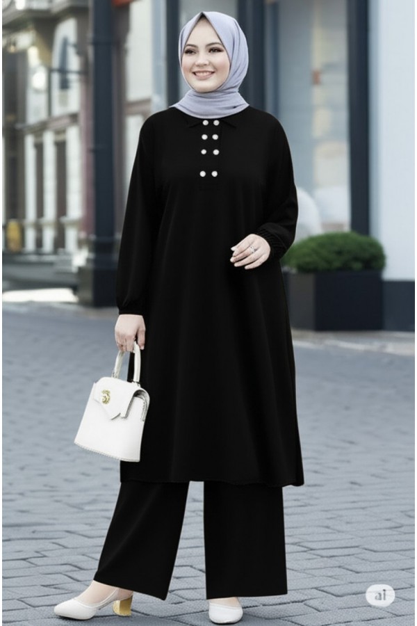 Duru Düğme Detaylı Yakalı Ayrobin Takım - Siyah 