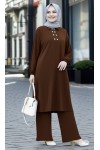 Duru Düğme Detaylı Yakalı Ayrobin Takım -Kahverengi