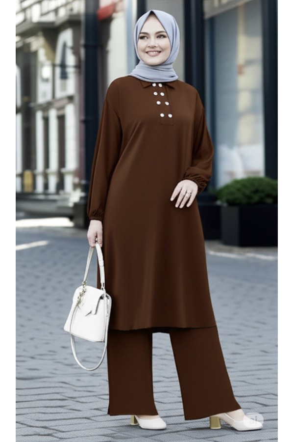 Duru Düğme Detaylı Yakalı Ayrobin Takım -Kahverengi