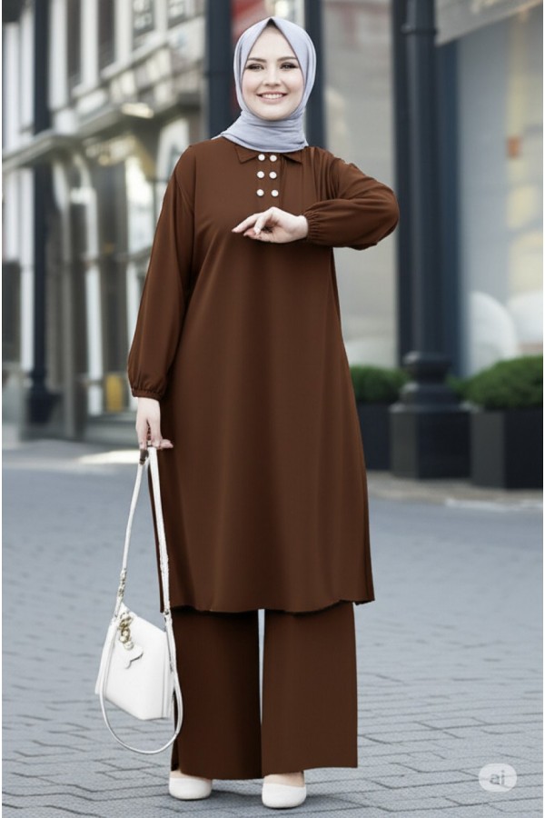Duru Düğme Detaylı Yakalı Ayrobin Takım -Kahverengi