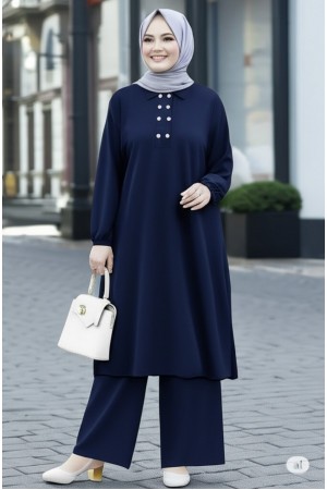 Duru Düğme Detaylı  Yakalı Ayrobin Takım -Lacivert