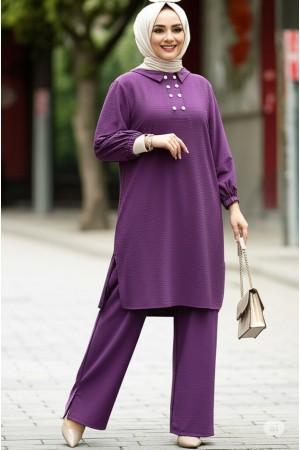 Duru Düğme Detaylı  Yakalı Ayrobin Takım - Mürdüm