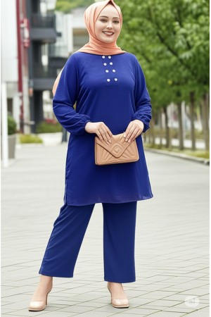 Duru Düğme Detaylı  Yakalı Ayrobin Takım -İndigo