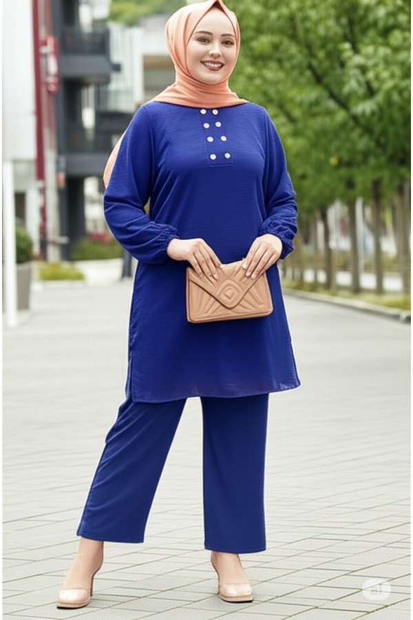 Duru Düğme Detaylı Yakalı Ayrobin Takım -İndigo Duru Düğme Detaylı Yakalı Ayrobin Takım -İndigo