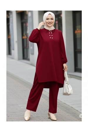 Duru Düğme Detaylı  Yakalı Ayrobin Takım -Bordo