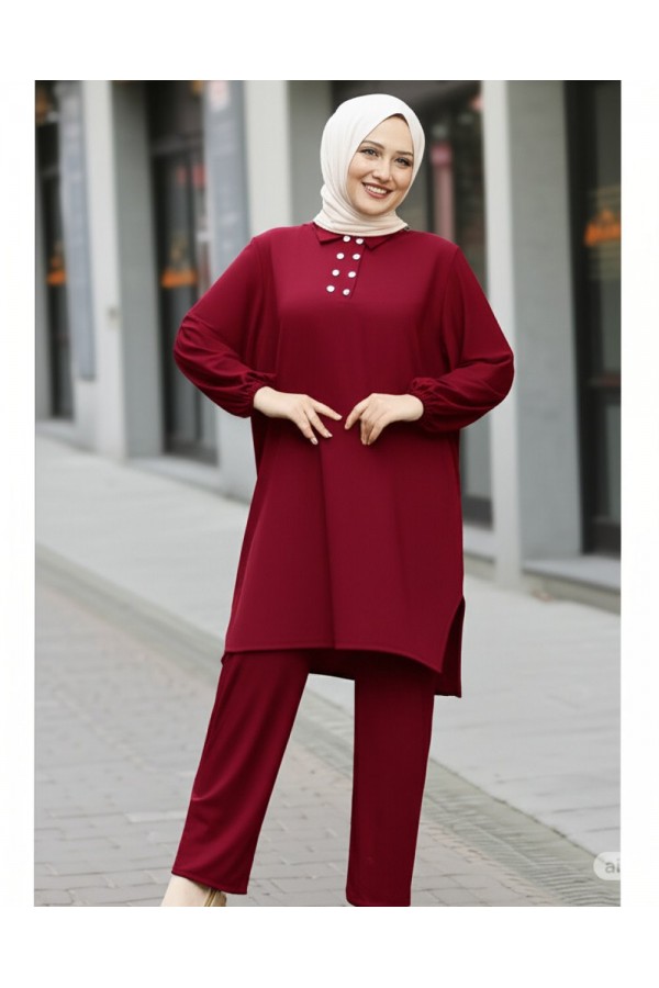 Duru Düğme Detaylı Yakalı Ayrobin Takım -Bordo Duru Düğme Detaylı Yakalı Ayrobin Takım -Bordo