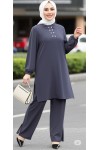 Duru Düğme Detaylı  Yakalı Ayrobin Takım -Antrasit