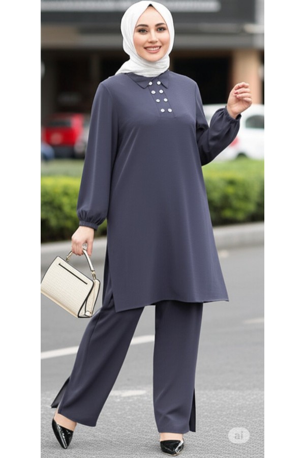 Duru Düğme Detaylı Yakalı Ayrobin Takım -Antrasit Duru Düğme Detaylı Yakalı Ayrobin Takım -Antrasit