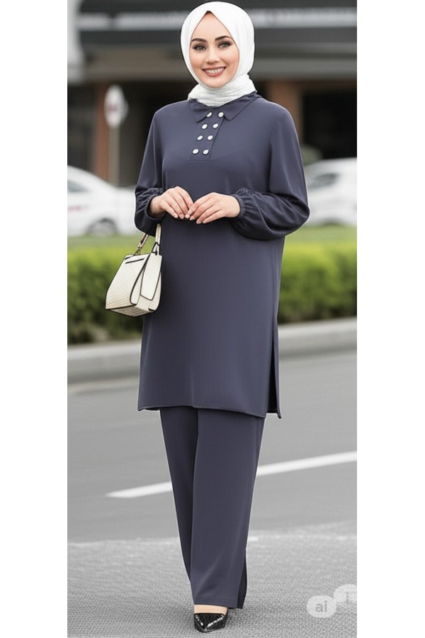 Duru Düğme Detaylı Yakalı Ayrobin Takım -Antrasit Duru Düğme Detaylı Yakalı Ayrobin Takım -Antrasit