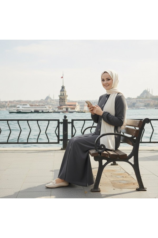 Dünya Kare Metal Düğmeli Yakalı Ferace - Gri