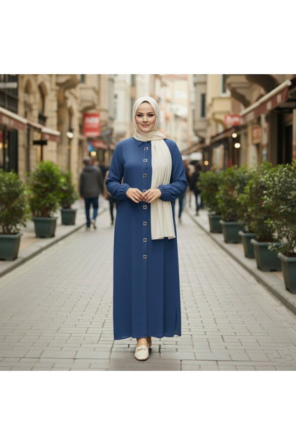 Dünya Kare Metal Düğmeli Yakalı Ferace - İndigo Dünya Kare Metal Düğmeli Yakalı Ferace - İndigo