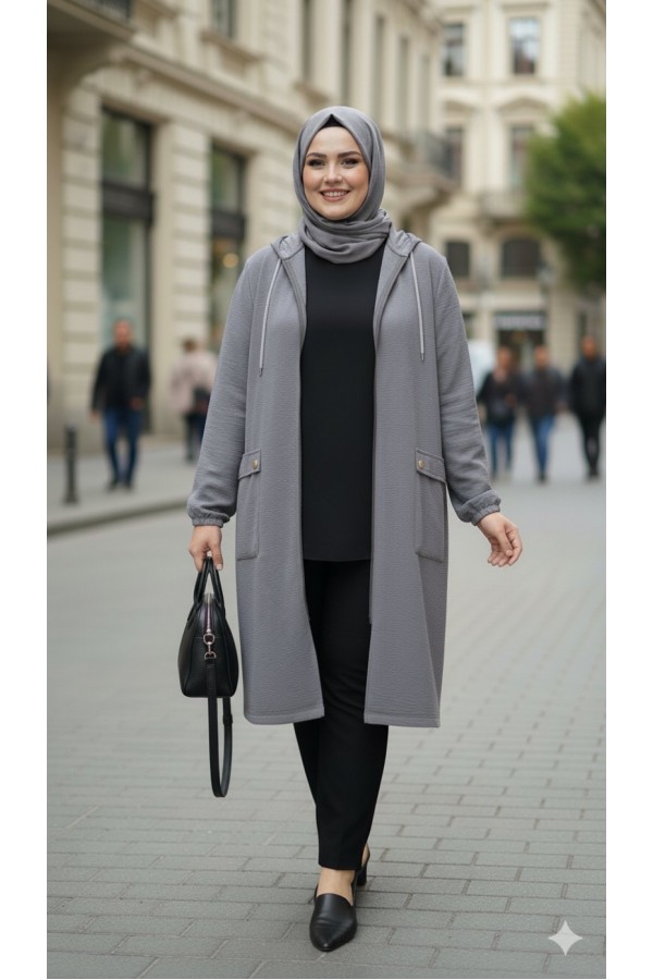 Yonca Düğmeli Cep Detaylı Ayrobin Kap-Gri