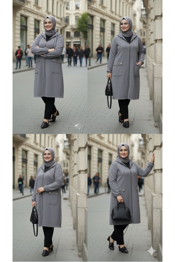 Yonca Düğmeli Cep Detaylı Ayrobin Kap-Gri