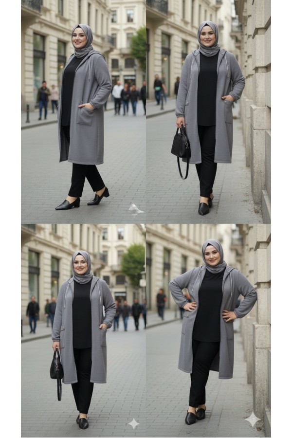 Yonca Düğmeli Cep Detaylı Ayrobin Kap-Gri