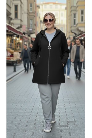 Parla Kapüşonlu Fermuarlı Kısa Polar Ceket-Siyah 