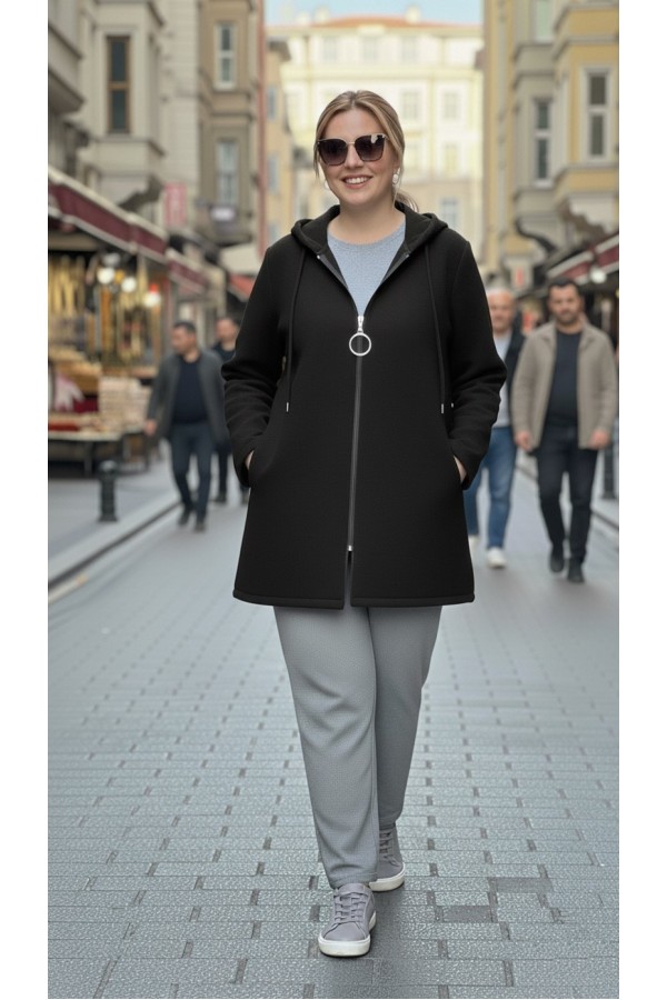 Parla Kapüşonlu Fermuarlı Kısa Polar Ceket-Siyah Parla Kapüşonlu Fermuarlı Kısa Polar Ceket-Siyah