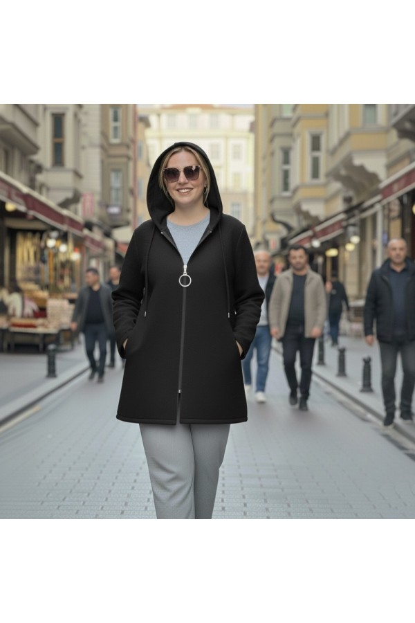 Parla Kapüşonlu Fermuarlı Kısa Polar Ceket-Siyah Parla Kapüşonlu Fermuarlı Kısa Polar Ceket-Siyah