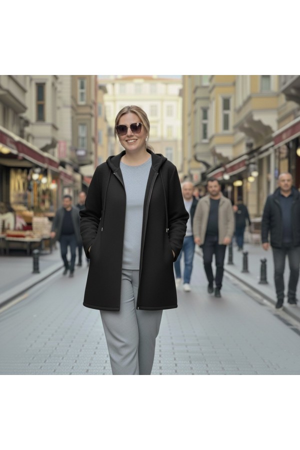 Parla Kapüşonlu Fermuarlı Kısa Polar Ceket-Siyah Parla Kapüşonlu Fermuarlı Kısa Polar Ceket-Siyah