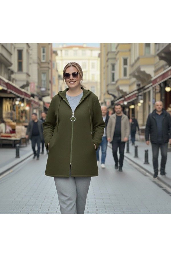 Parla Kapüşonlu Fermuarlı Kısa Polar Ceket- Haki