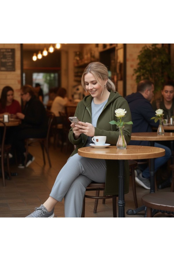 Parla Kapüşonlu Fermuarlı Kısa Polar Ceket- Haki