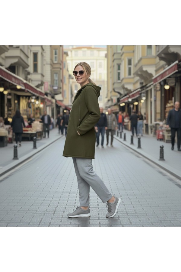 Parla Kapüşonlu Fermuarlı Kısa Polar Ceket- Haki