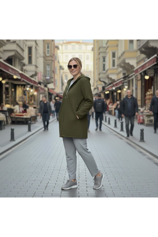 Parla Kapüşonlu Fermuarlı Kısa Polar Ceket- Haki