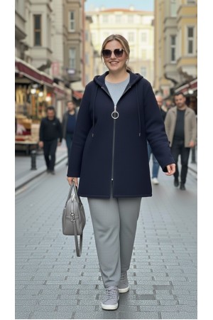 Parla Kapüşonlu Fermuarlı Kısa Polar Ceket- Lacivert