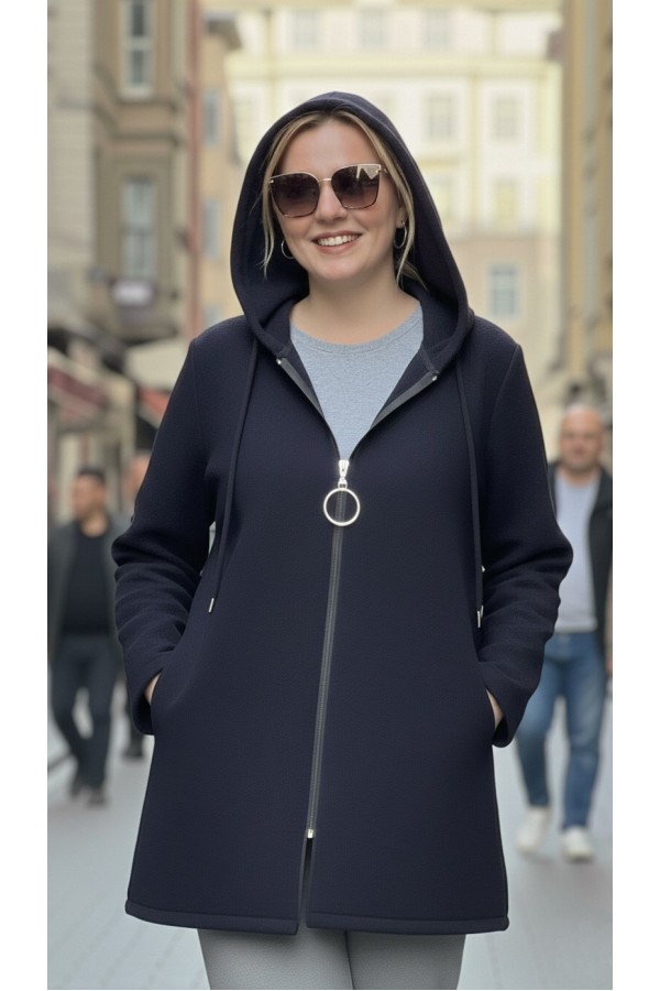 Parla Kapüşonlu Fermuarlı Kısa Polar Ceket- Lacivert