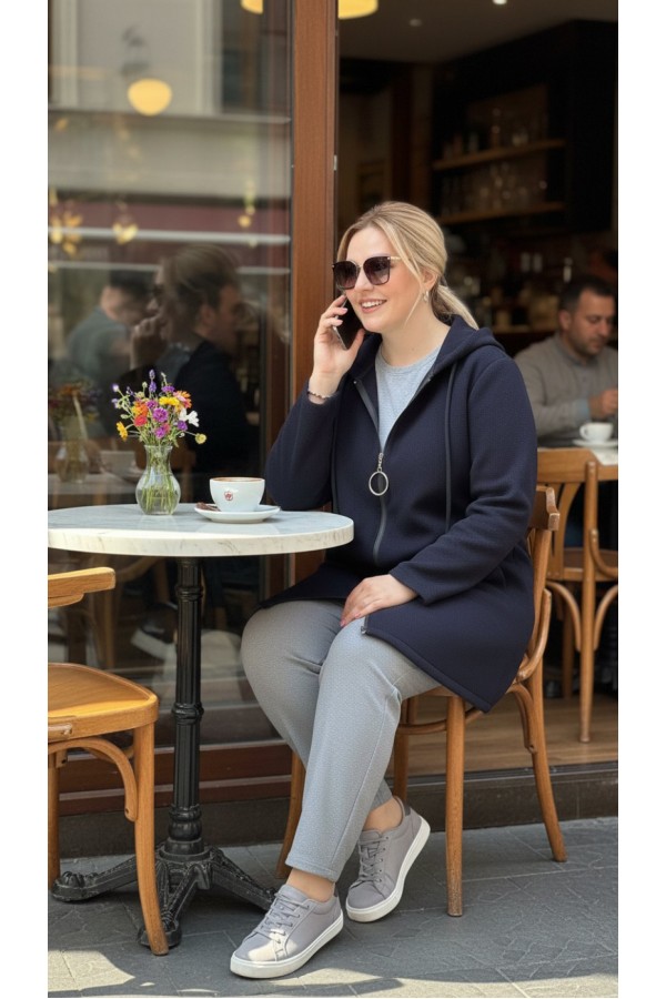 Parla Kapüşonlu Fermuarlı Kısa Polar Ceket- Lacivert