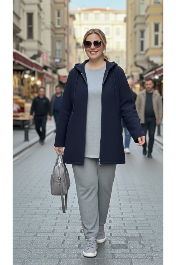 Parla Kapüşonlu Fermuarlı Kısa Polar Ceket- Lacivert