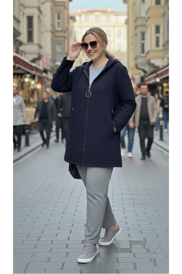 Parla Kapüşonlu Fermuarlı Kısa Polar Ceket- Lacivert