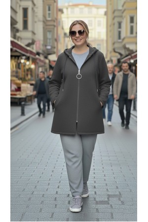 Parla Kapüşonlu Fermuarlı Kısa Polar Ceket- Antrasit