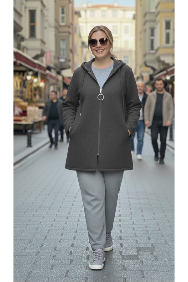 Parla Kapüşonlu Fermuarlı Kısa Polar Ceket- Antrasit Parla Kapüşonlu Fermuarlı Kısa Polar Ceket- Antrasit