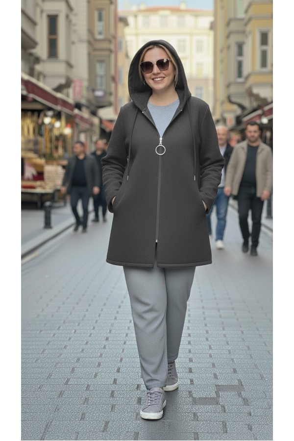 Parla Kapüşonlu Fermuarlı Kısa Polar Ceket- Antrasit Parla Kapüşonlu Fermuarlı Kısa Polar Ceket- Antrasit