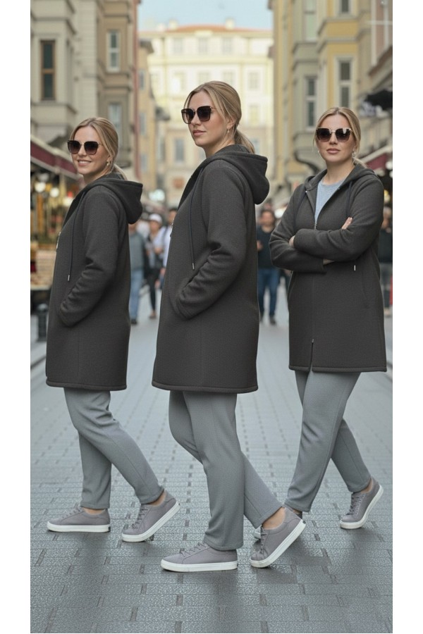 Parla Kapüşonlu Fermuarlı Kısa Polar Ceket- Antrasit Parla Kapüşonlu Fermuarlı Kısa Polar Ceket- Antrasit