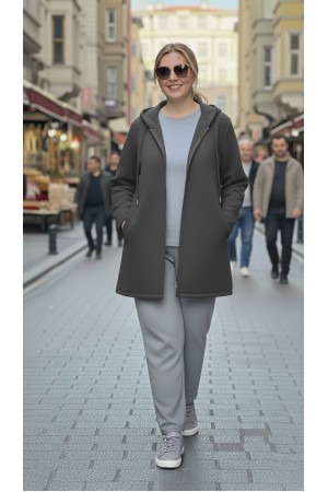 Parla Kapüşonlu Fermuarlı Kısa Polar Ceket- Antrasit