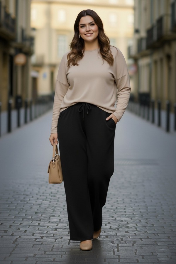 Elmas Beli Lastikli Bol Paça Pantolon- Siyah Elmas Beli Lastikli Bol Paça Pantolon- Siyah