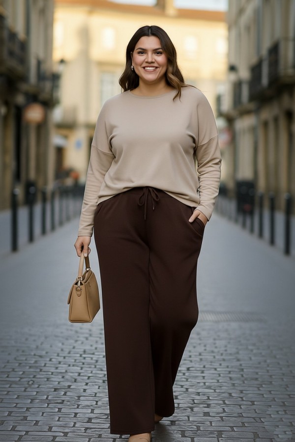 Elmas Beli Lastikli Bol Paça Pantolon- Kahverengi