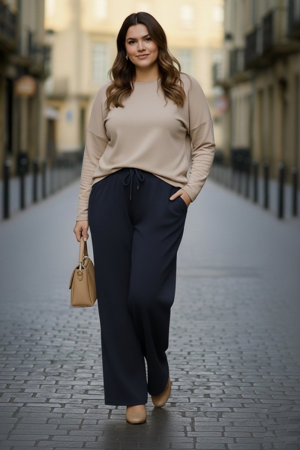 Elmas Beli Lastikli Bol Paça Pantolon- Lacivert