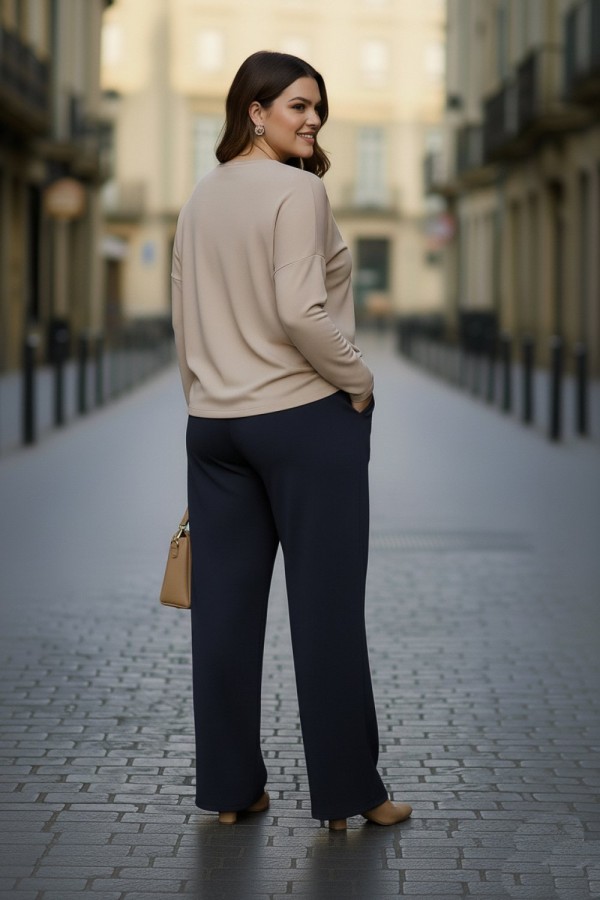 Elmas Beli Lastikli Bol Paça Pantolon- Lacivert