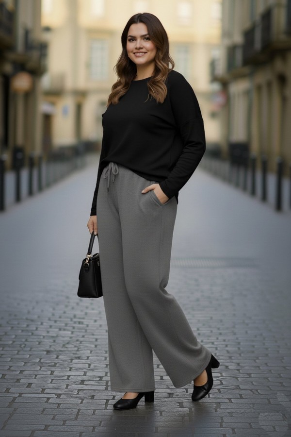 Elmas Beli Lastikli Bol Paça Pantolon- Gri Elmas Beli Lastikli Bol Paça Pantolon- Gri