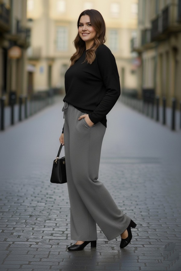 Elmas Beli Lastikli Bol Paça Pantolon- Gri Elmas Beli Lastikli Bol Paça Pantolon- Gri