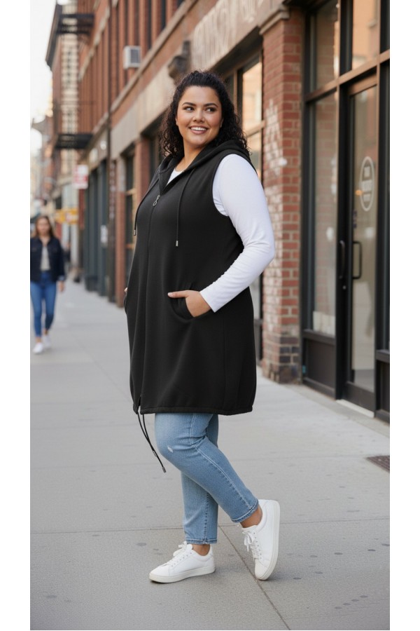 Ayça Kapüşonlu Uzun Polar Yelek - Siyah Ayça Kapüşonlu Uzun Polar Yelek - Siyah