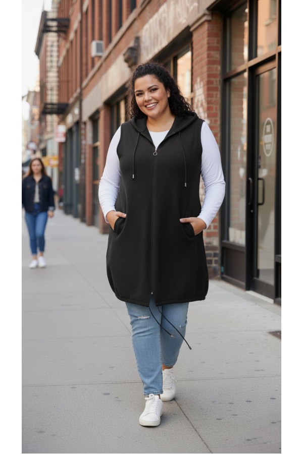 Ayça Kapüşonlu Uzun Polar Yelek - Siyah Ayça Kapüşonlu Uzun Polar Yelek - Siyah