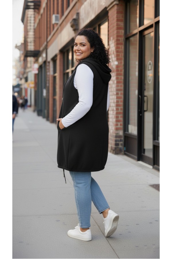 Ayça Kapüşonlu Uzun Polar Yelek - Siyah Ayça Kapüşonlu Uzun Polar Yelek - Siyah