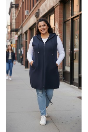 Ayça Kapüşonlu Uzun Polar Yelek - Lacivert