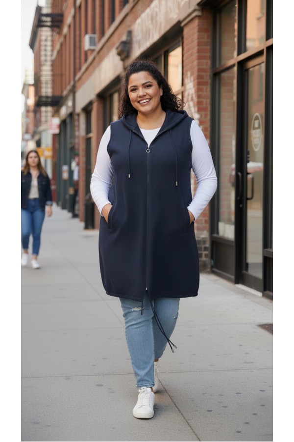 Ayça Kapüşonlu Uzun Polar Yelek - Lacivert Ayça Kapüşonlu Uzun Polar Yelek - Lacivert