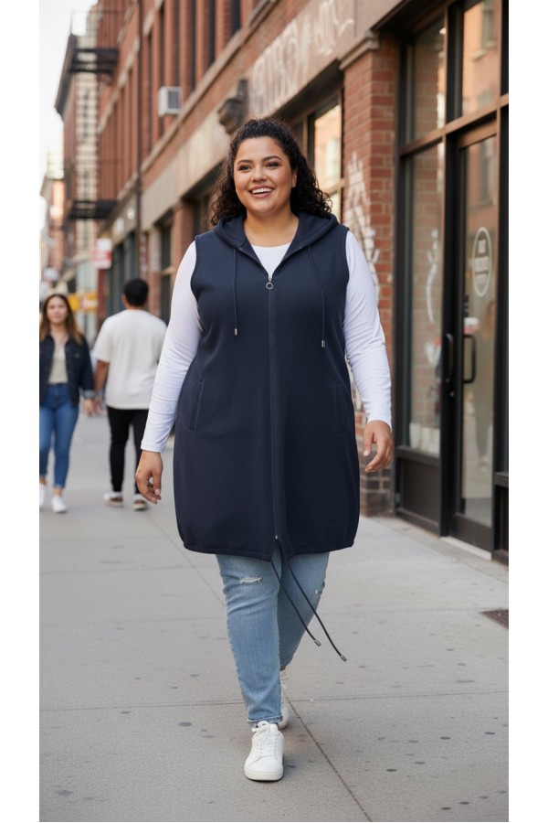 Ayça Kapüşonlu Uzun Polar Yelek - Lacivert Ayça Kapüşonlu Uzun Polar Yelek - Lacivert