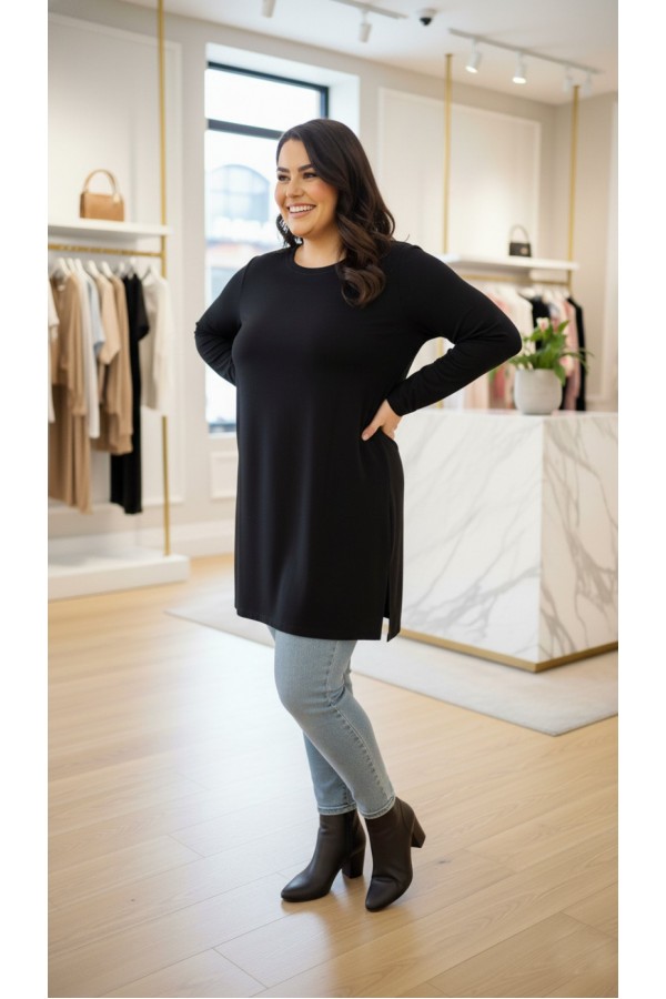 Ahu Oyşo İki İplik Penye Tunik - Siyah 