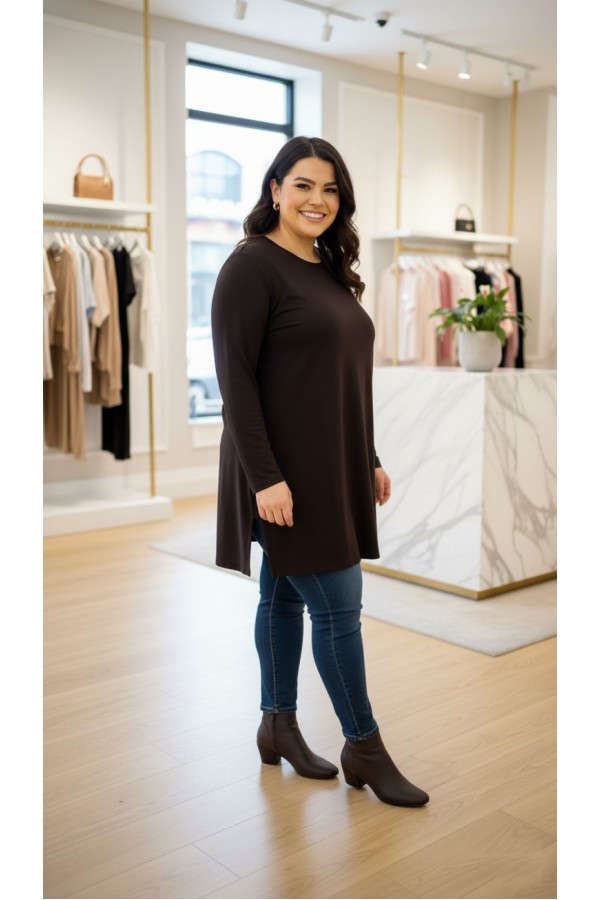 Ahu Oyşo İki İplik Penye Tunik - Kahverengi